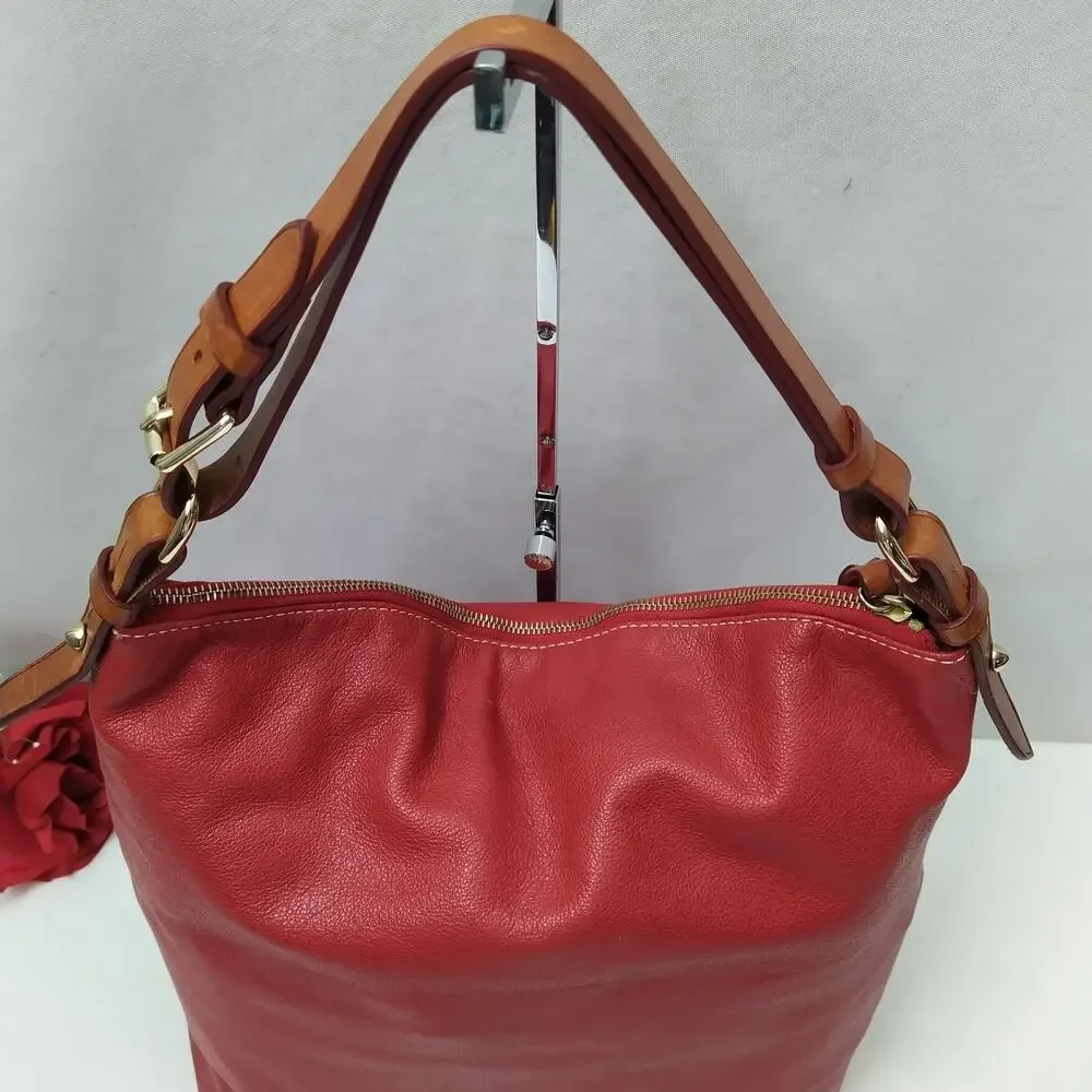 Dooney & Bourke Red Pebbled Leather Zipper Pockets Hobo Shoulder Bag